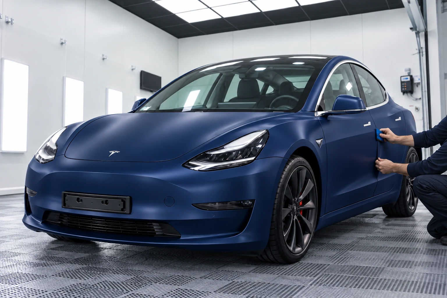 Tesla Model 3 bleu mat pendant la pose du covering dans le décor ByFab
