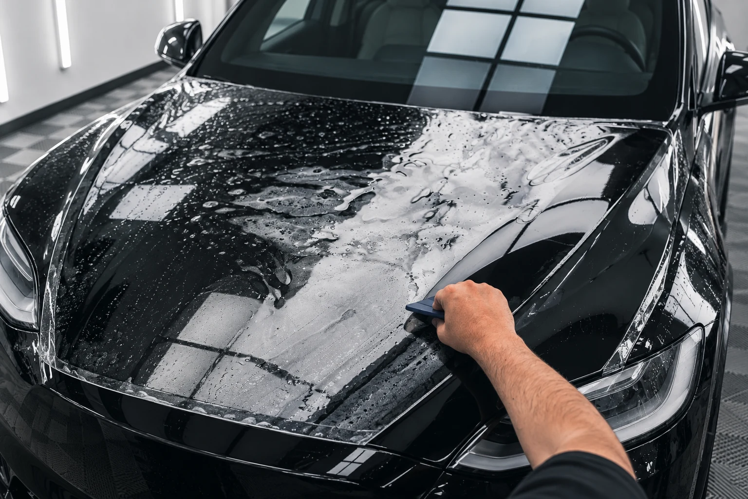 Pose d’un film PPF transparent sur le capot d’une Tesla